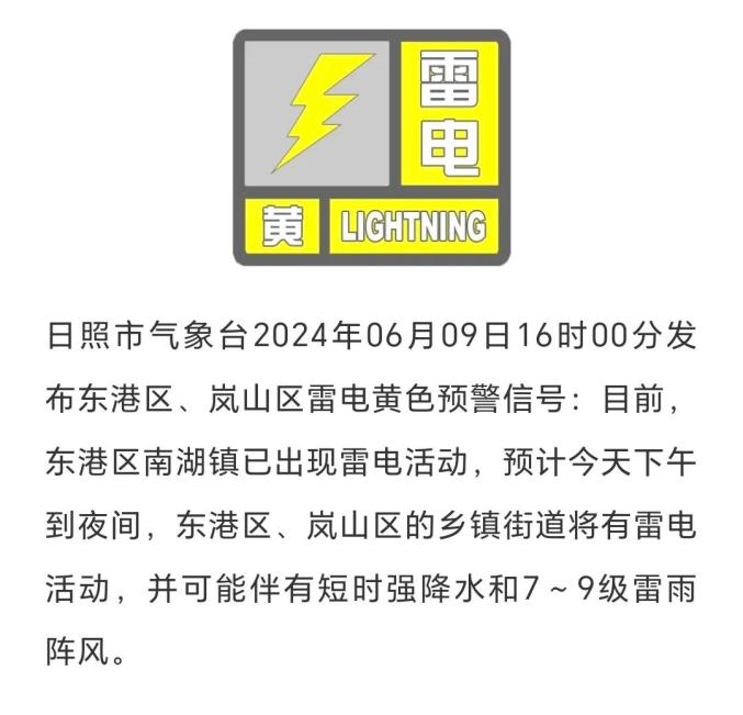 注意防范!日照气象发布雷电黄色预警