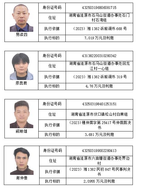 我为群众办实事丨涟源法院发布2024年第六批失信被执行人名单