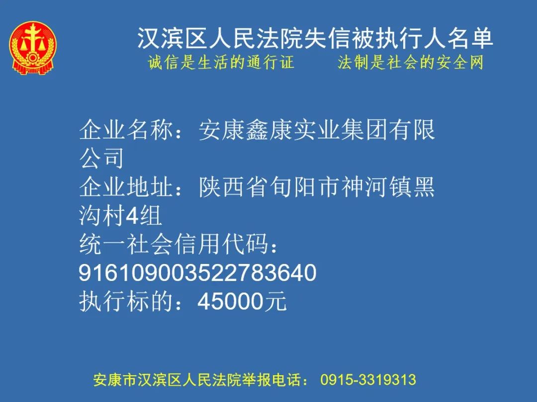 安康市汉滨区人民法院失信被执行人名单(2024年第4期)