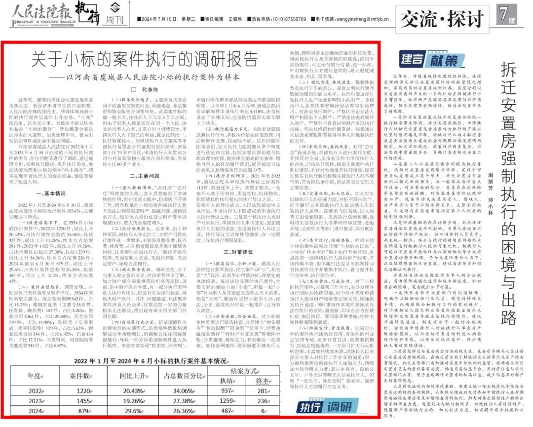 调研工作丨《人民法院报》刊发院长代恭伟的调研文章:《关于小标的