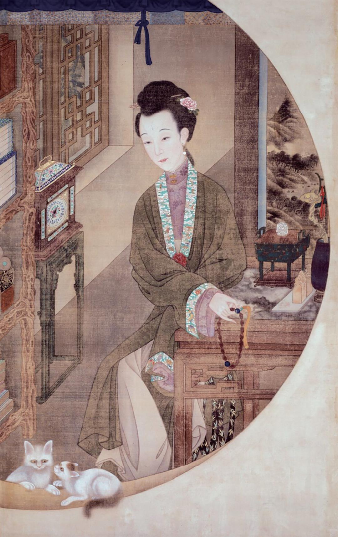 [清]佚名《雍正十二美人图》(局部)元代开始,"六月六,浴猫狗"便成了