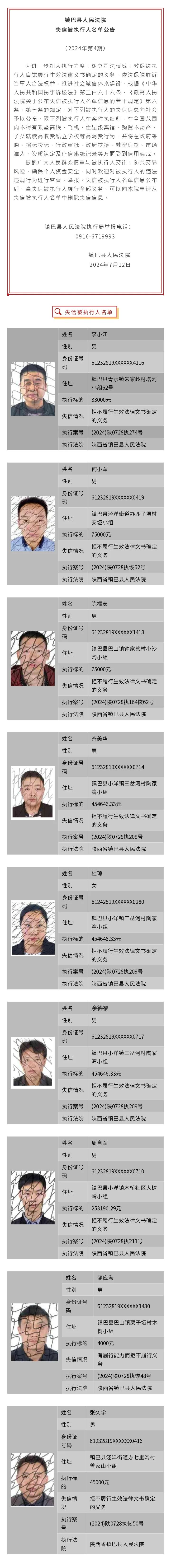 陕西省镇巴县人民法院失信被执行人名单公告(2024年第4期)