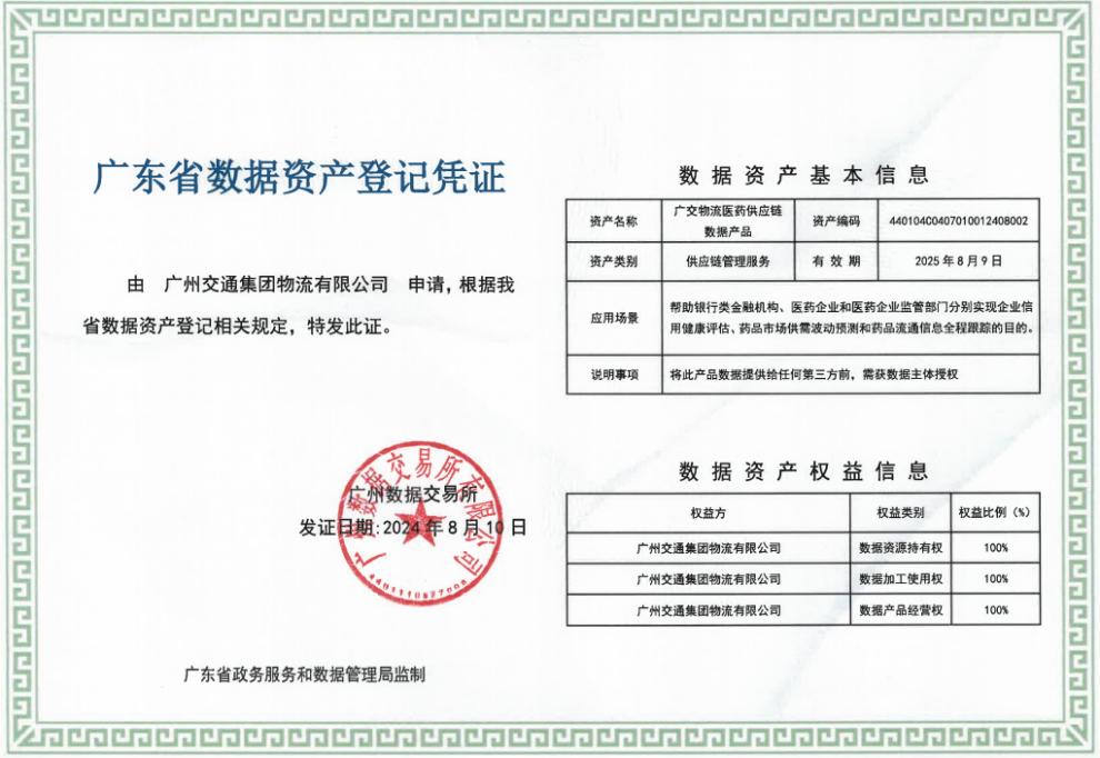 近日,广交物流医药供应链数据产品成功获得了"广东省数据资产登记凭证