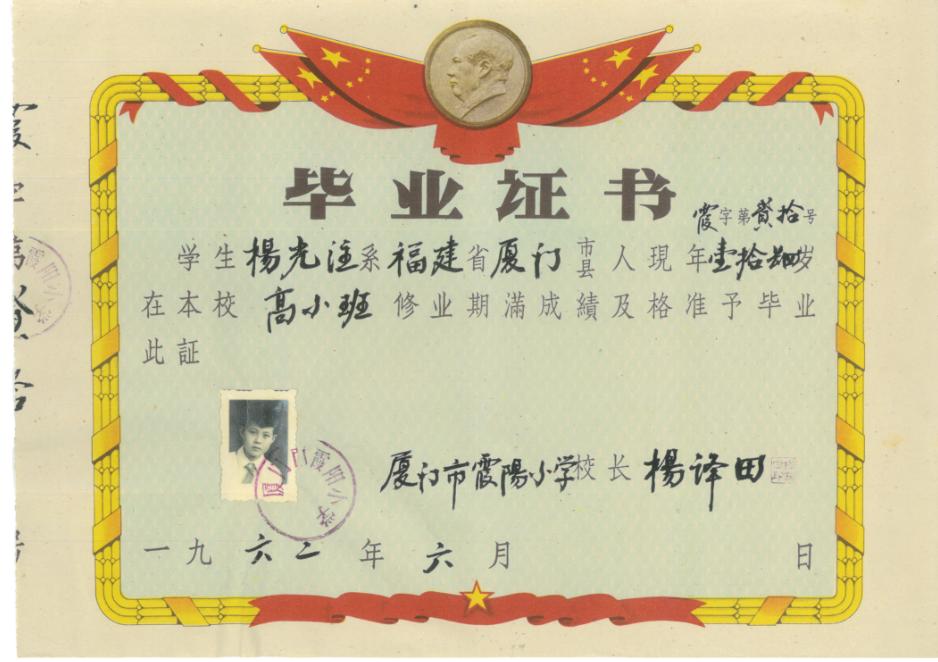 爱的校园，培养了一批又一批的优秀人才，书写了“桃李满天下”的佳话。杨光注在霞阳小学的毕业证书，学校还