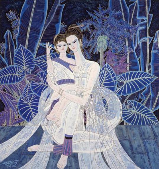 《母与女》丁绍光先后在世界各地举办超过1000次个人画展,并在1993年