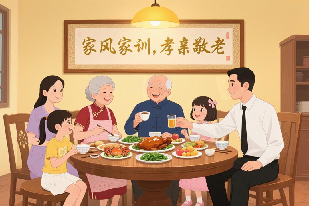 这幅海报采用温馨动漫风格,生动展现了家庭聚餐的美好场景