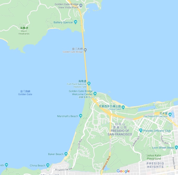 地图上看金门大桥 (截取自谷歌地图)金门大桥横跨旧金山湾和太平洋的