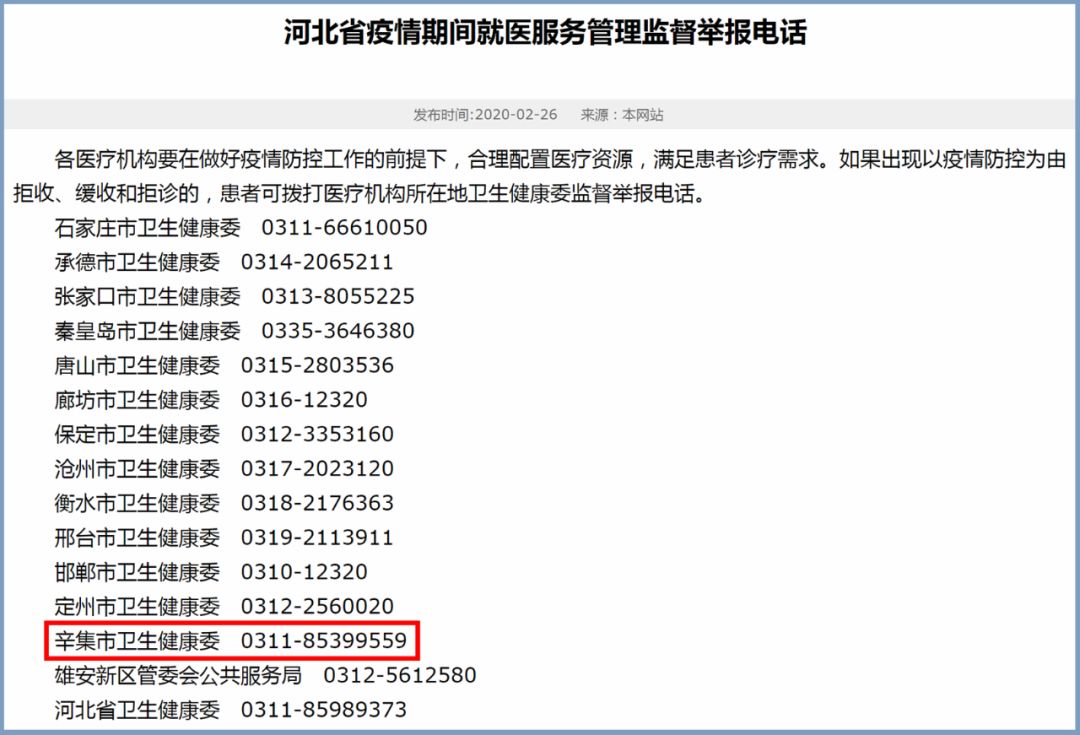 河北省衛健委公佈了疫情期間就醫服務管理監督舉報電話