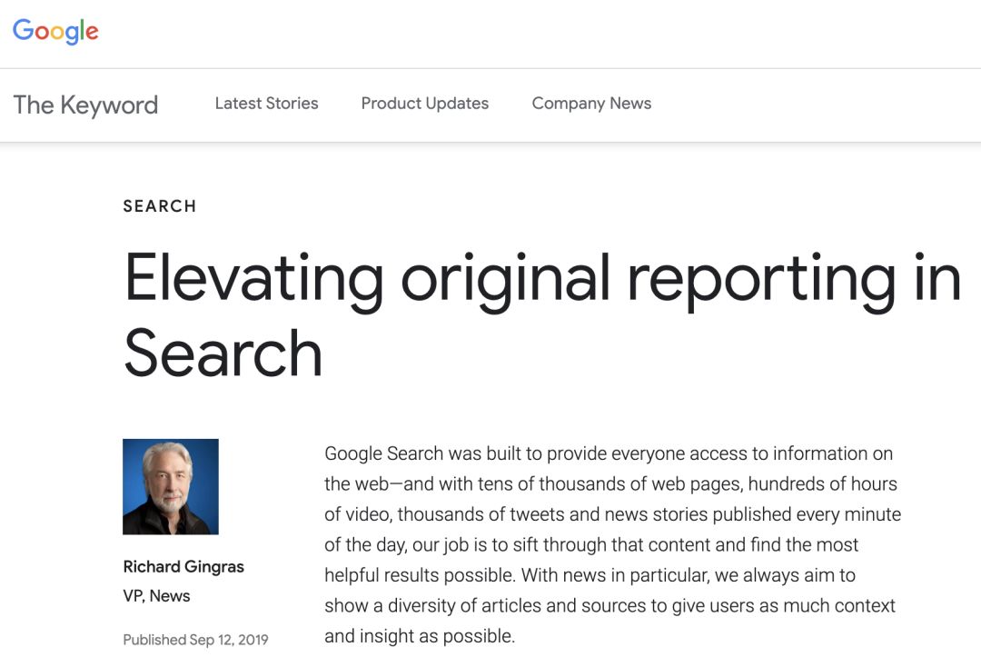 去年9月，谷歌宣布：调整搜索结果的排序算法，给予原创报道更高的权重