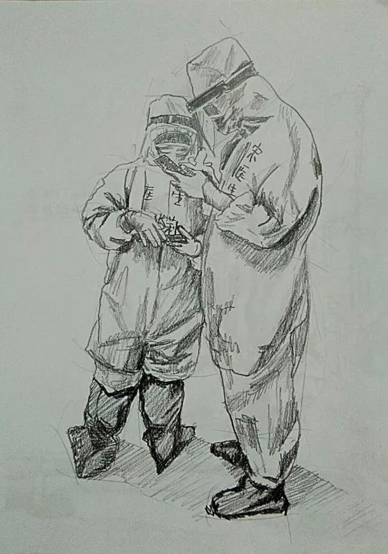 穿防护服的素描画图片