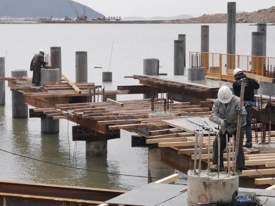 陆域工程主体建筑封顶,操作平台桩基工程基本完成,海上防波堤施工超70