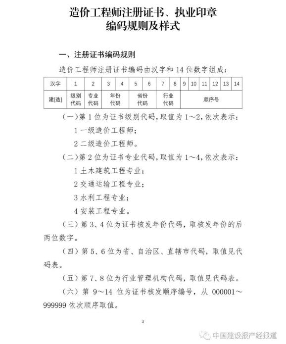 新版造價工程師註冊證書執業印章編碼規則及樣式公佈