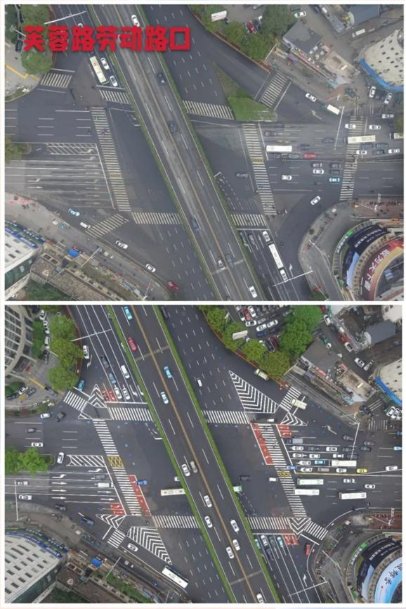 这些样板路口路口都将压缩路口范围,停车线前移,增设三角安全岛和二次