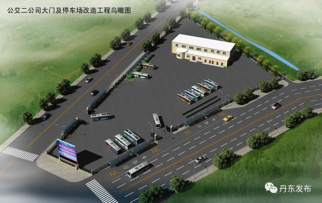 公交二公司港湾式停车站效果图在公交二公司场站,工人们正紧张有序