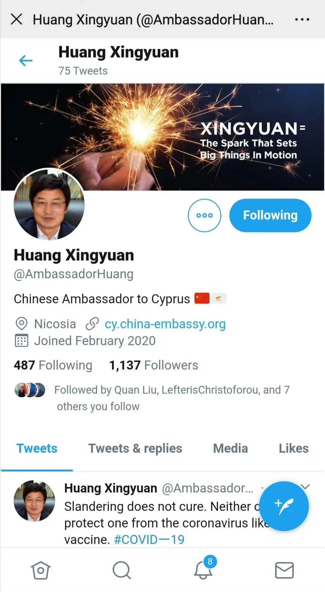 一天内第二起！中国驻塞浦路斯大使推特账号被冻结