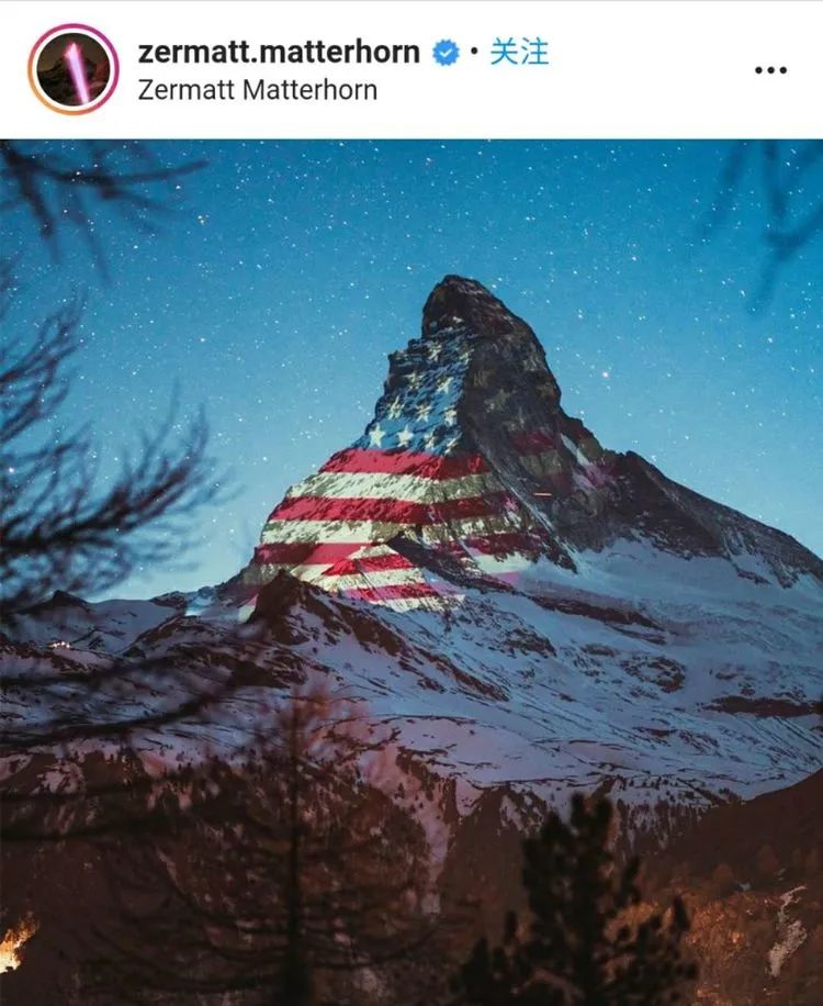 瑞士每天晚上在马特洪峰上打出深受病毒之苦的国家的国旗,前天轮到了