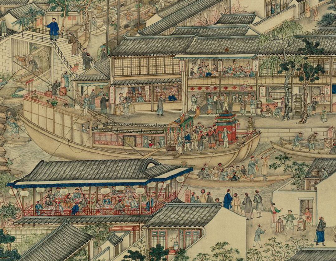 徐扬 盛世滋生图(局部3) 河两岸的酒楼吃完鲜鱼面或者熟食,可以到桥上