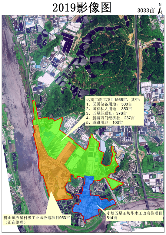 3,遠期工改工項目,規劃用地面積1566畝,包括區屬儲備地500畝,小塘五星