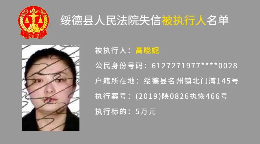 绥德县人民法院2020年第一批失信被执行人名单公布