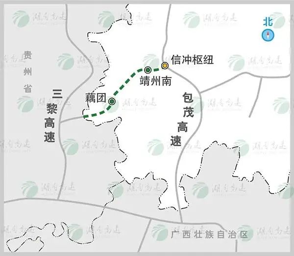 靖黎高速公路全线位于怀化市靖州县境内,起于靖州县信冲,接已建的怀化