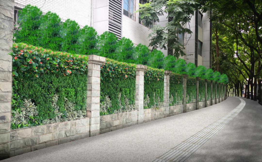 效果图采用立体绿化处理原有铁艺围墙破旧和缺少植物景观的地方或在