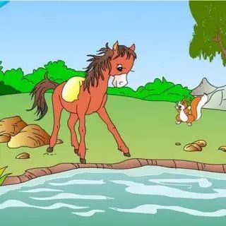 小马驮起麦子,飞快地往磨坊跑去.