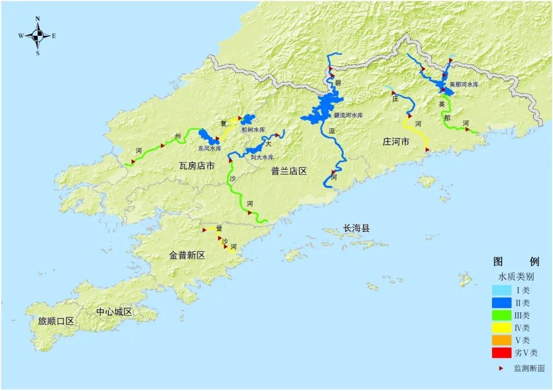 碧流河,英那河,大沙河,登沙河,庄河和复州河等六条主要河流的21个监测