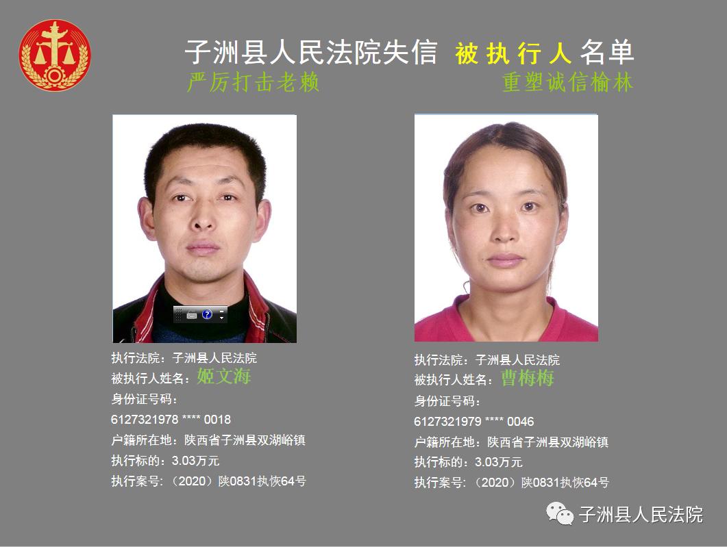 子洲县人民法院2020年第一批失信被执行人名单