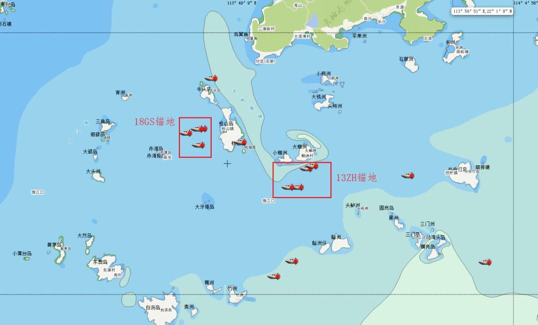 13zh和18gs锚地是珠江口主要的两个引航员登离船水域,其中13zh锚地