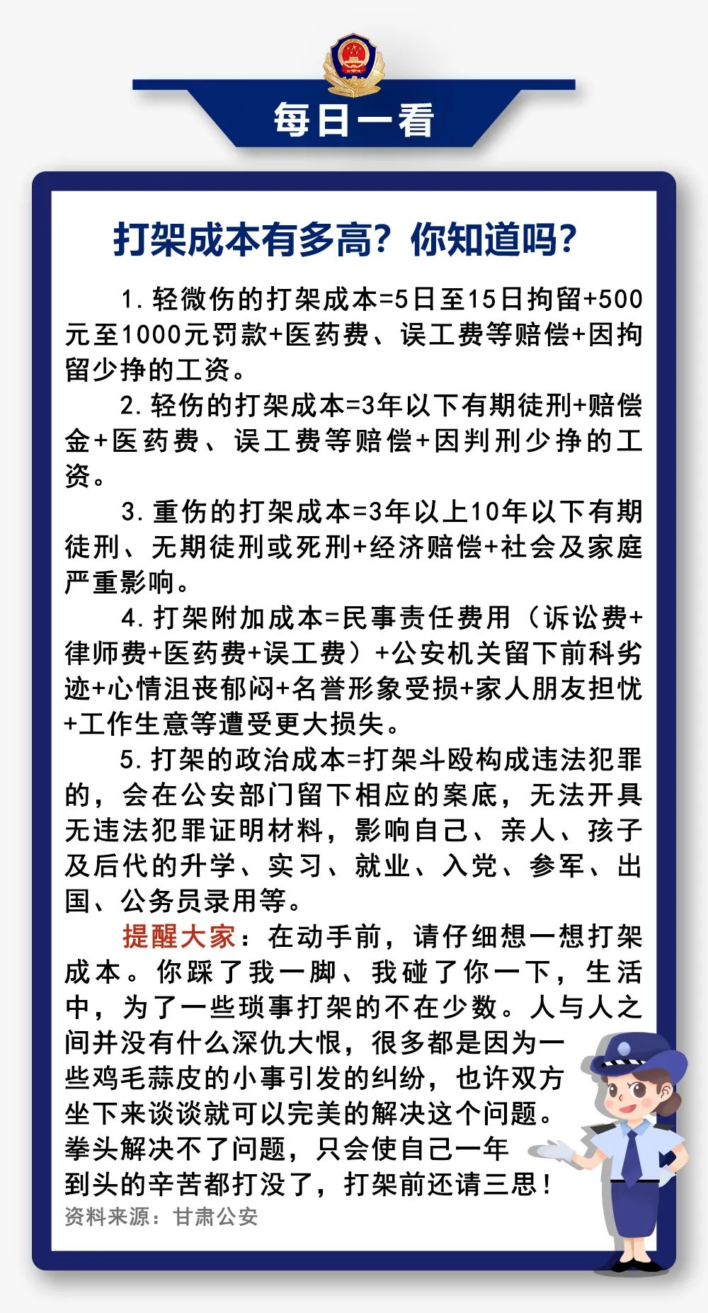 每日一看 打架成本有多高?你知道吗?