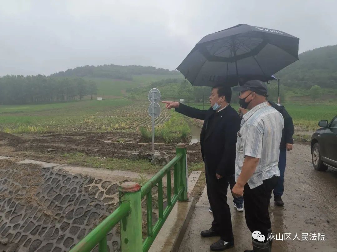 麻法动态王忠江院长雨中督导检查山河村防汛工作