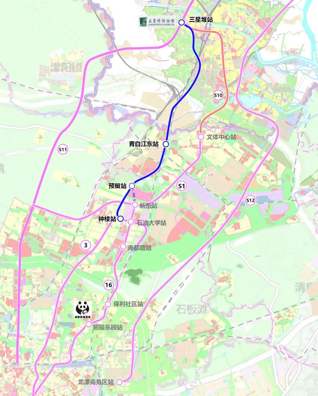 地鐵3號線鐘樓站,沿g108大件公路佈置,經青白江區,廣漢城南後止於s11