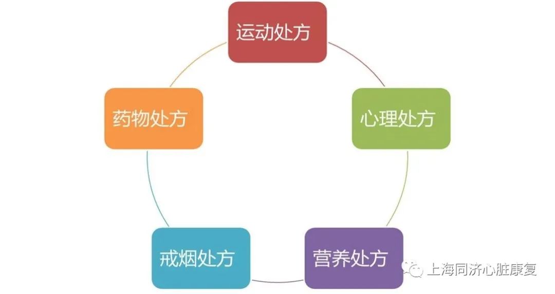 在整个心脏康复过程中,五大处方:药物 运动 心理 戒烟 营养与反复评估