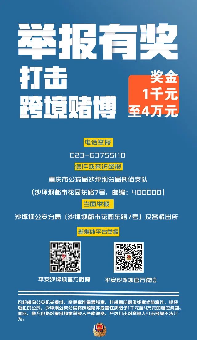 獎金1千至4萬沙坪壩區公安分局開通打擊治理跨境賭博舉報通道