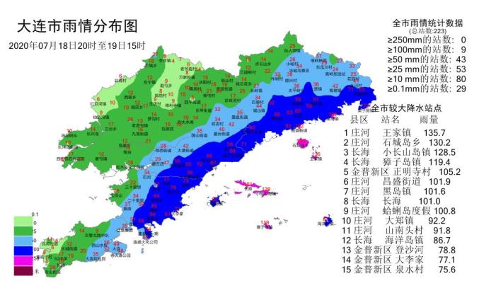 普蘭店東南部及莊河南部出現大到暴雨,長海暴雨,其中獐子島和小長山島