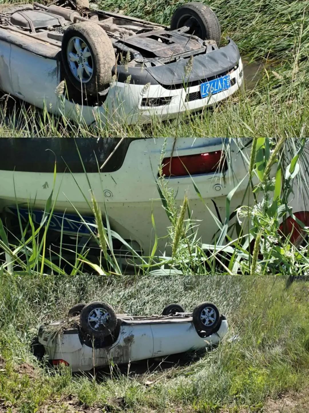 突发!一辆车翻进水沟里 吊车正在救援