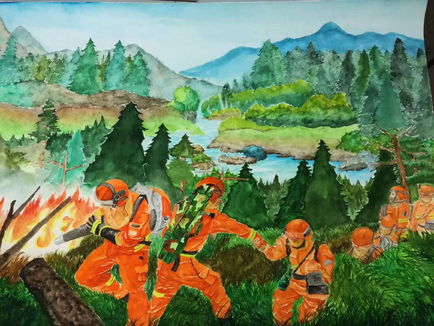 森林防火绘画作品救火图片