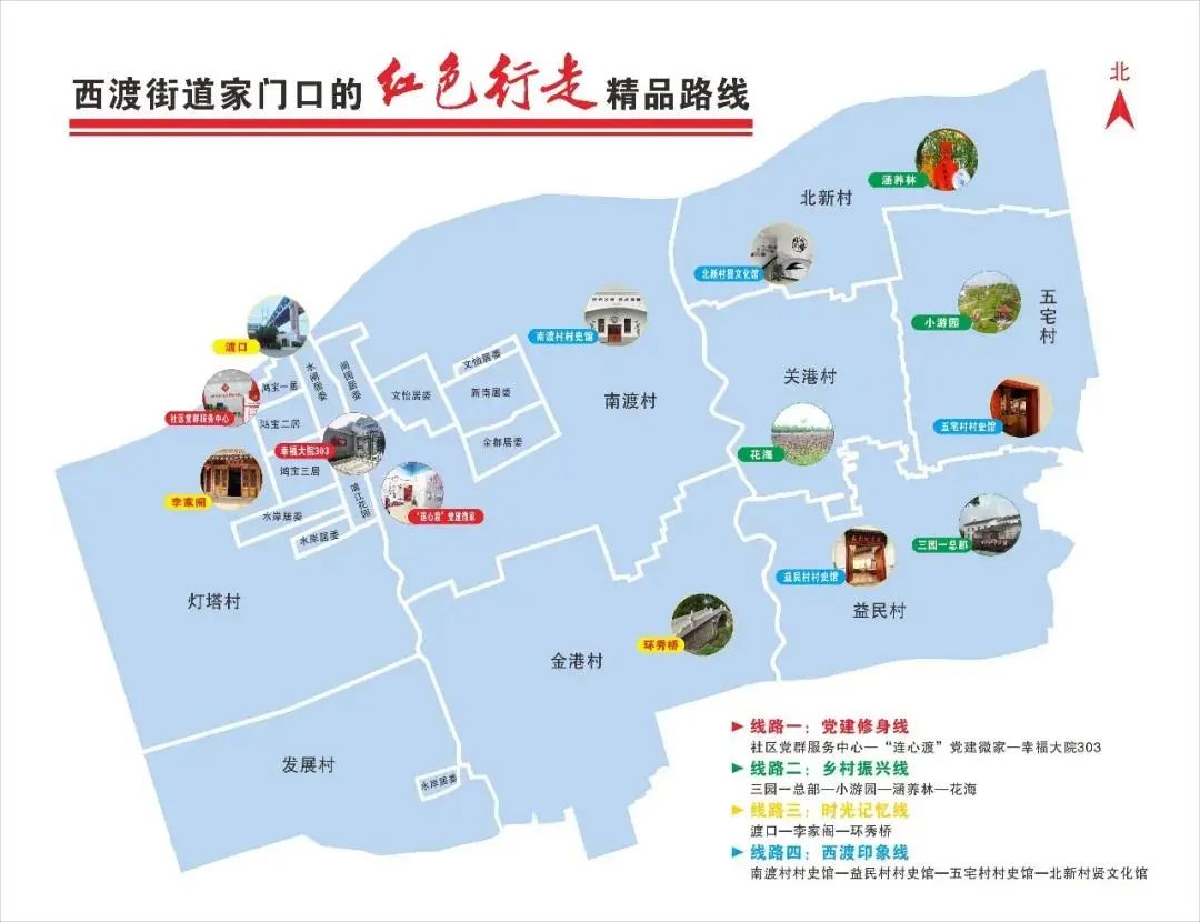 西渡街道社区党群服务中心以"四史"学习教育为出发点,整合辖区内14处