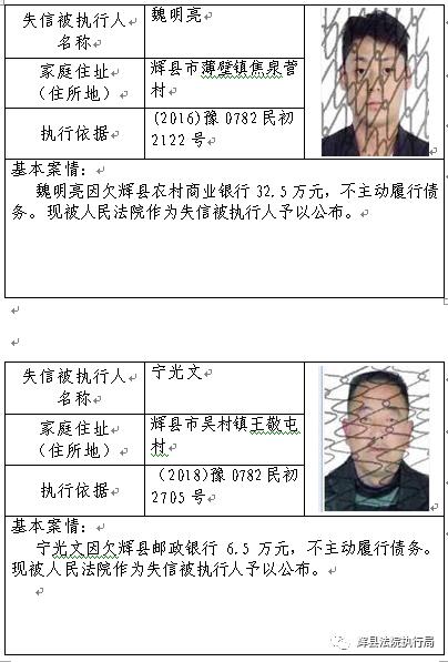 【辉县市人民法院执行局】失信被执行人曝光台