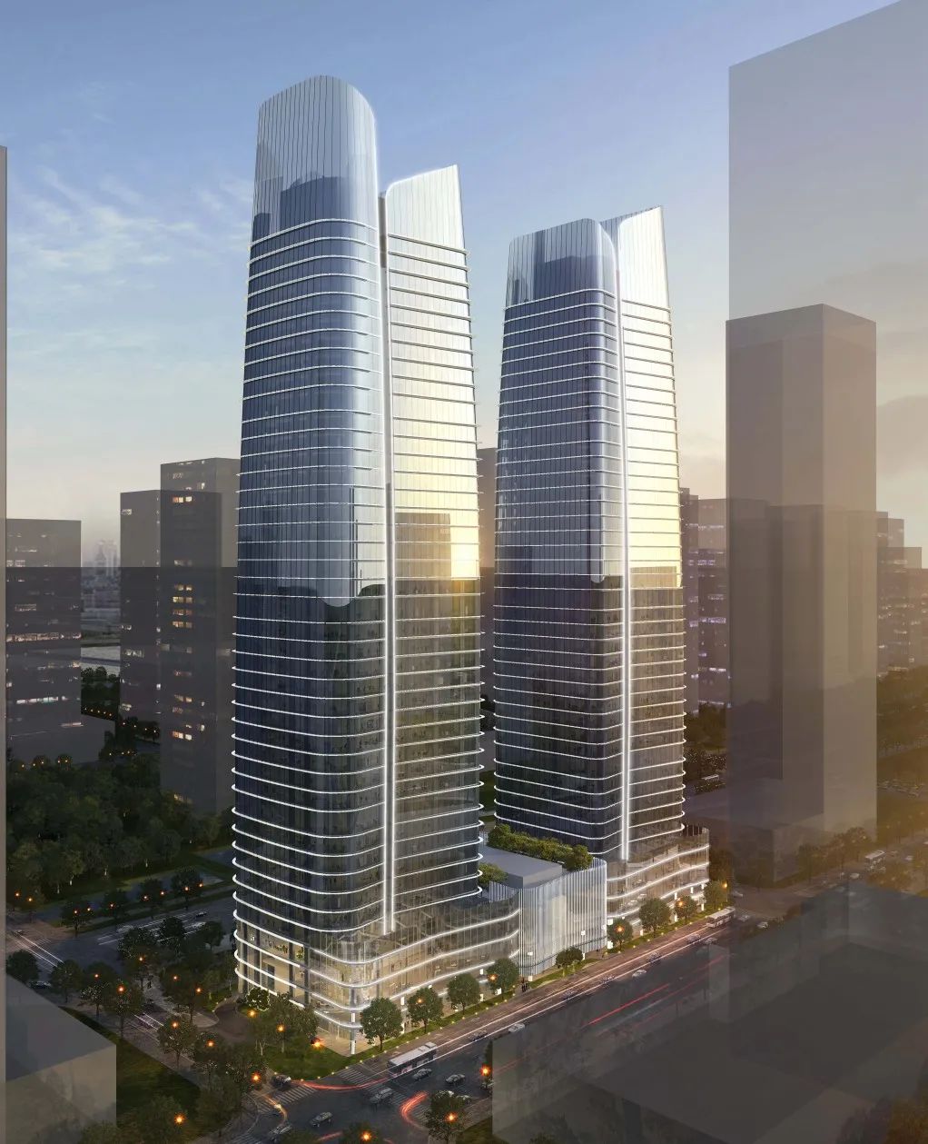 地下5层,地上裙房4层,两幢塔楼均为41层,建筑高度为200米