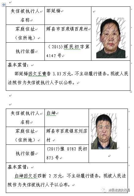 辉县市人民法院执行局失信被执行人曝光台