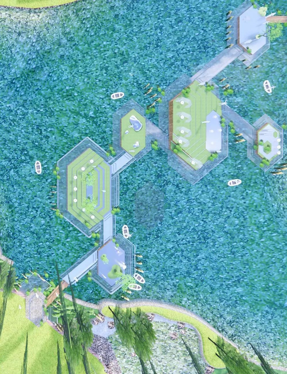 浮岛之间依靠浮桥相连 也为游人提供一处岛式生活空间