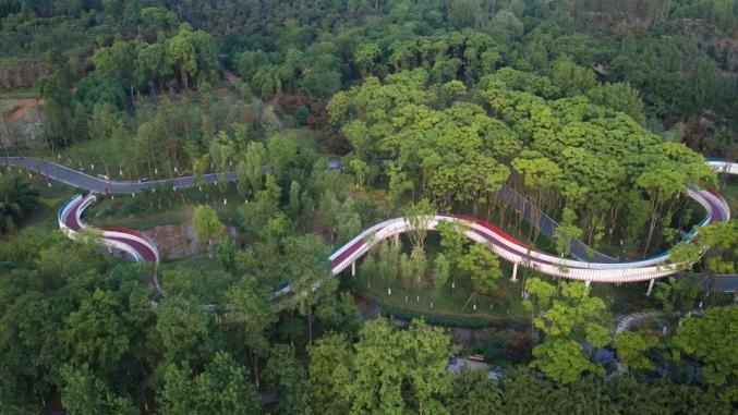 空中廊道主体结构为钢结构也似云彩穿梭在这美如画的环境中好似白色