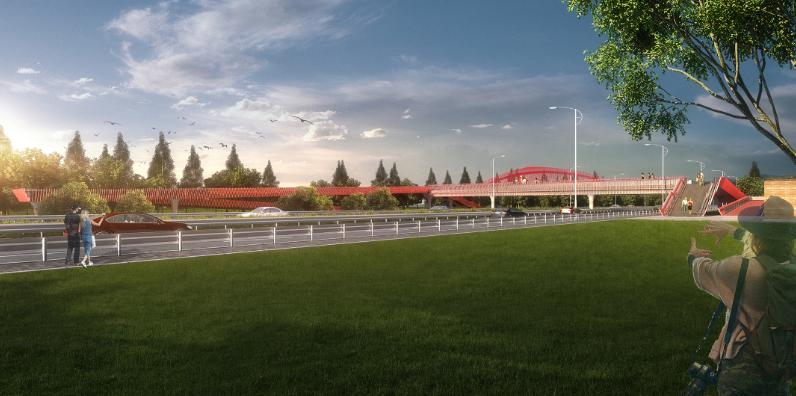 湖心桥二号天桥(湖心桥)位于鱼尾洲湿地公园以东,设计理念源于"鱼尾迸