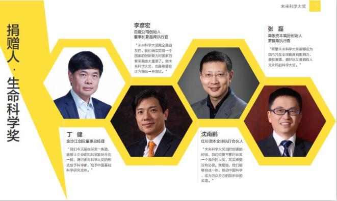 捐赠人:丁健,李彦宏,沈南鹏,张磊物质科学奖捐赠人:邓锋,吴亚军,吴鹰