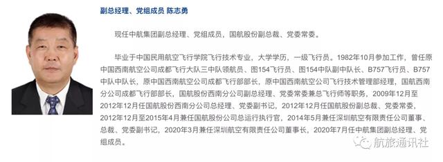 原担任深航总裁的陈志勇,任中航集团副总经理,负责安全运行,同时兼任