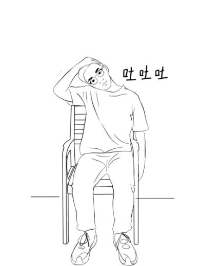 ②用鼻深吸气时放松,用嘴缓慢吐气时将头往对侧肩部拉,感觉到牵拉感