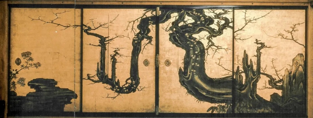 狩野山乐《老梅图》襖绘,约1600年,纸本金地设色安土城是日本最早的天