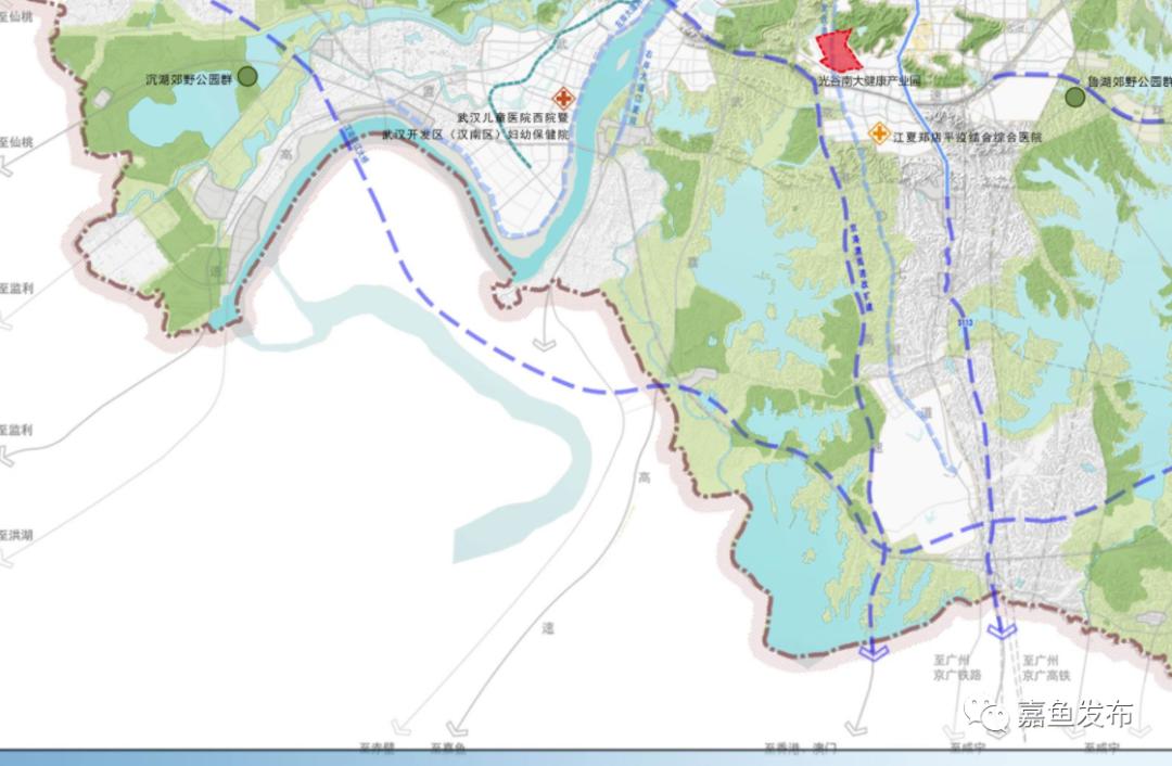 园(规划)西侧与沪渝高速公路交叉,自北向南经蔡甸区,汉南区,嘉鱼县,止