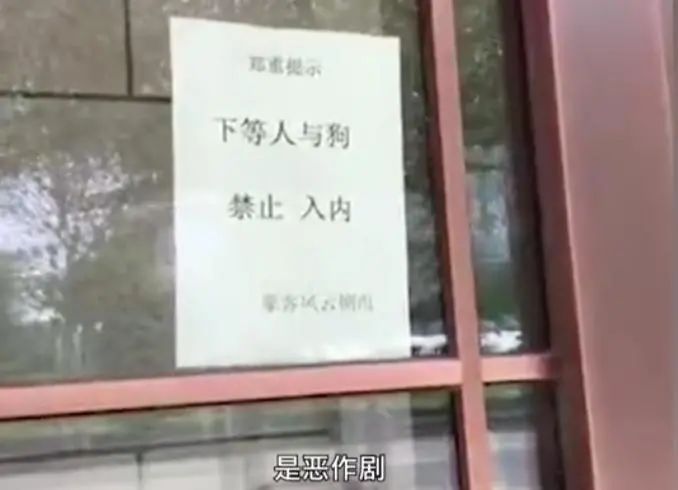 ↑铁岭一商铺贴告示称“下等人与狗禁止入内 视频截图